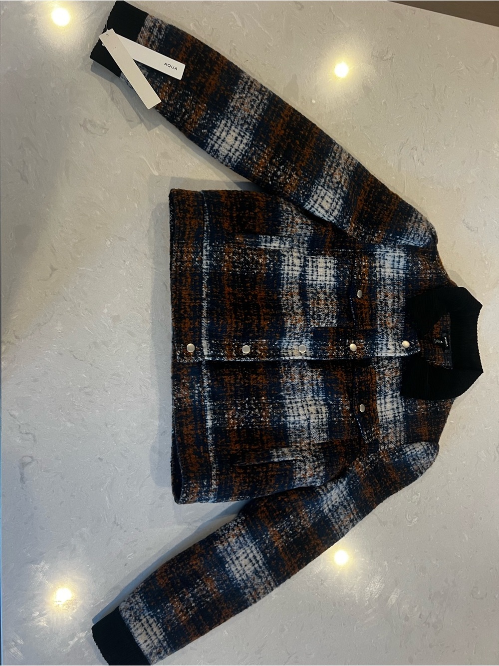 AQUA Plaid Tweed Jacket Blue Brown Size Medium NWT